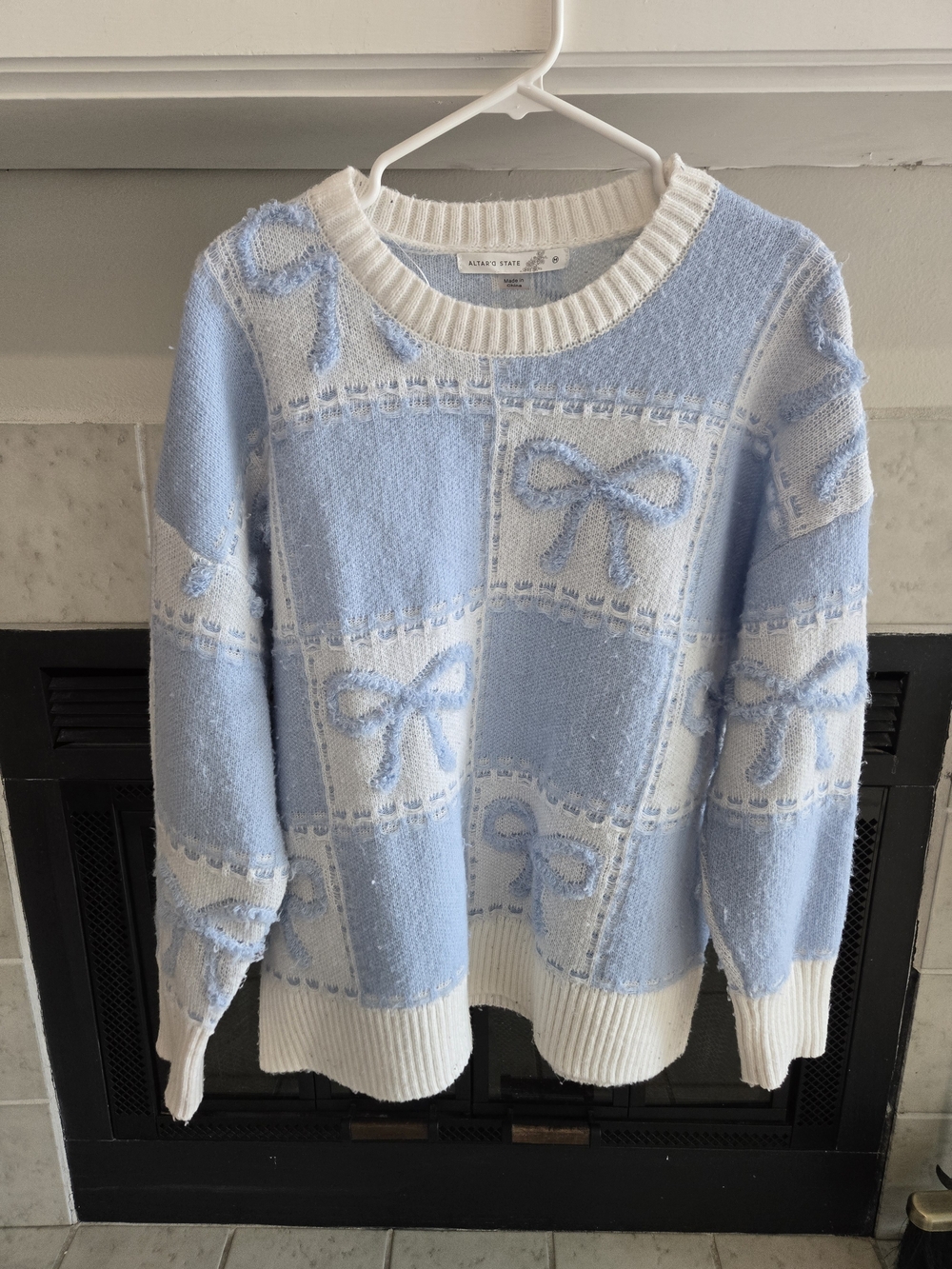 Altar'd State Baby Blue & White Bow Patchwork Crewneck Sweater